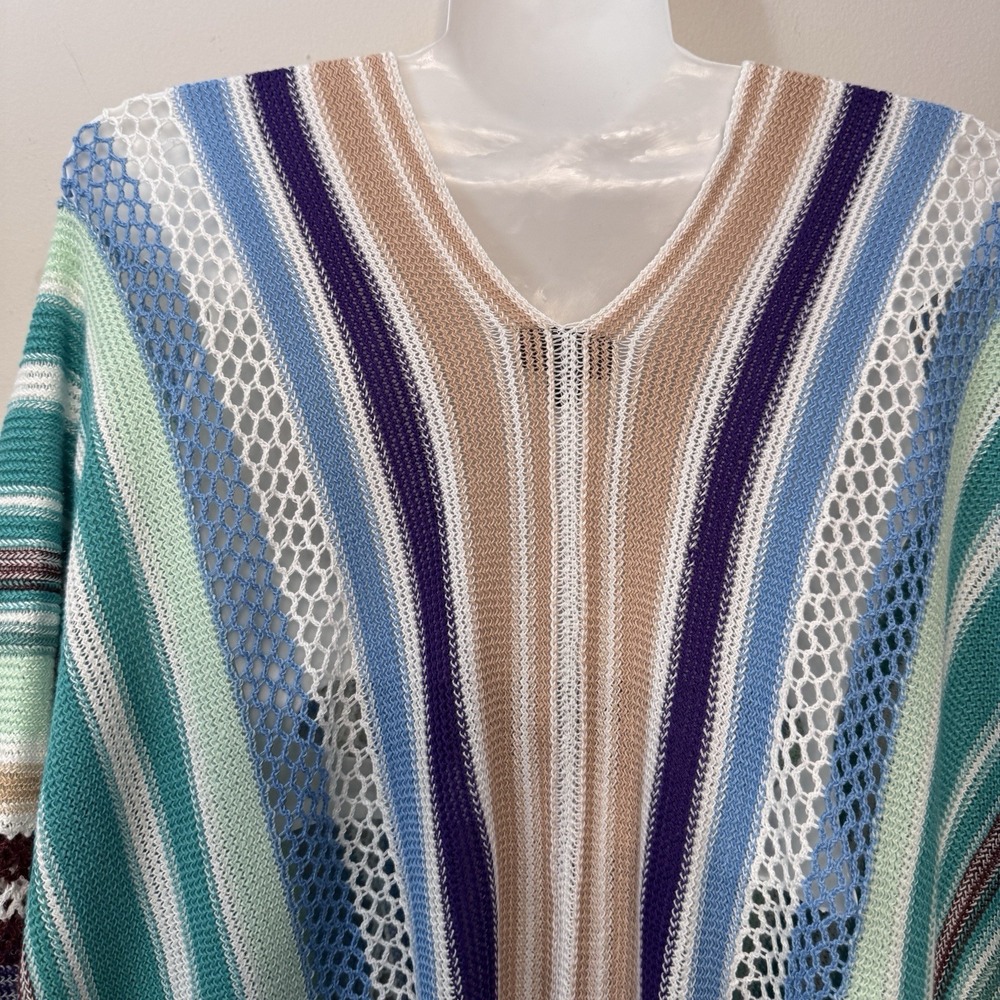 Coco‎ + Carmen Woman's Poncho One Size  Brown Teal Striped  Swim Cover Up Beachy - Picture 8 of 12